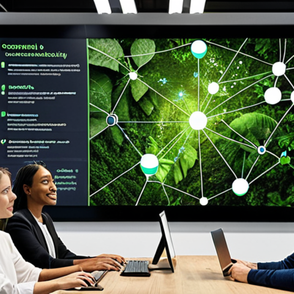 **

A diverse group of professionals collaborating around a large digital screen displaying a network graph connecting sustainability initiatives, environmental data analysis, and social media engagement. The setting is a modern, eco-friendly office space with plants and natural light. The overall tone is optimistic and forward-thinking, highlighting the digital revolution in Green Marketing using AI.

**