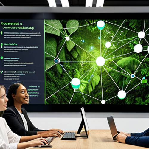 Home 23 **
A diverse group of professionals collaborating around a large digital screen displaying a network graph connecting sustainability initiatives, environmental data analysis, and social media engagement. The setting is a modern, eco-friendly office space with plants and natural light. The overall tone is optimistic and forward-thinking, highlighting the digital revolution in Green Marketing using AI.
**
