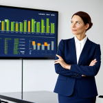 A professional female executive, mid-30s to 40s, with a thoughtful and confident expression, fully clothed in a modest, dark blue business suit with a white blouse. She stands in a bright, modern corporate office boardroom, gesturing naturally towards a large digital screen displaying sophisticated infographics of sustainability metrics and green growth data. Perfect anatomy, correct proportions, natural pose, well-formed hands, proper finger count, natural body proportions. Professional photography, high resolution, clean aesthetic, corporate environment, safe for work, appropriate content, fully clothed, professional dress.