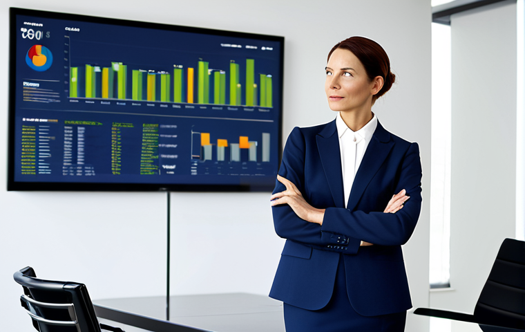 A professional female executive, mid-30s to 40s, with a thoughtful and confident expression, fully clothed in a modest, dark blue business suit with a white blouse. She stands in a bright, modern corporate office boardroom, gesturing naturally towards a large digital screen displaying sophisticated infographics of sustainability metrics and green growth data. Perfect anatomy, correct proportions, natural pose, well-formed hands, proper finger count, natural body proportions. Professional photography, high resolution, clean aesthetic, corporate environment, safe for work, appropriate content, fully clothed, professional dress.