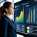 A professional businesswoman in a modest dark suit stands confidently in a brightly lit, modern office. She thoughtfully observes a transparent holographic data display showcasing sustainable supply chain metrics and environmental impact graphs. The office features sleek, eco-friendly design elements and large windows with a soft, diffused light. This image conveys the paradigm shift towards value-driven marketing and transparency. Professional photography, high resolution, soft ambient lighting. safe for work, appropriate content, fully clothed, professional, perfect anatomy, correct proportions, natural pose, well-formed hands, proper finger count, natural body proportions.