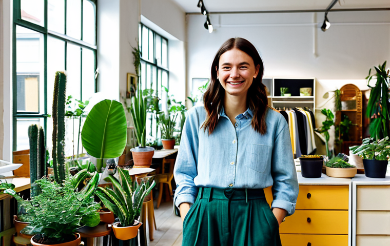 Sustainable Fashion**
"A young woman in a stylish, fully clothed outfit made from sustainable materials like organic cotton and linen, browsing in a bright, modern Second-Hand-Laden in Berlin. The store features plants and upcycled furniture. She is smiling and appears confident. Safe for work, appropriate content, fully clothed, modest, professional photography, perfect anatomy, natural proportions, high quality."
**