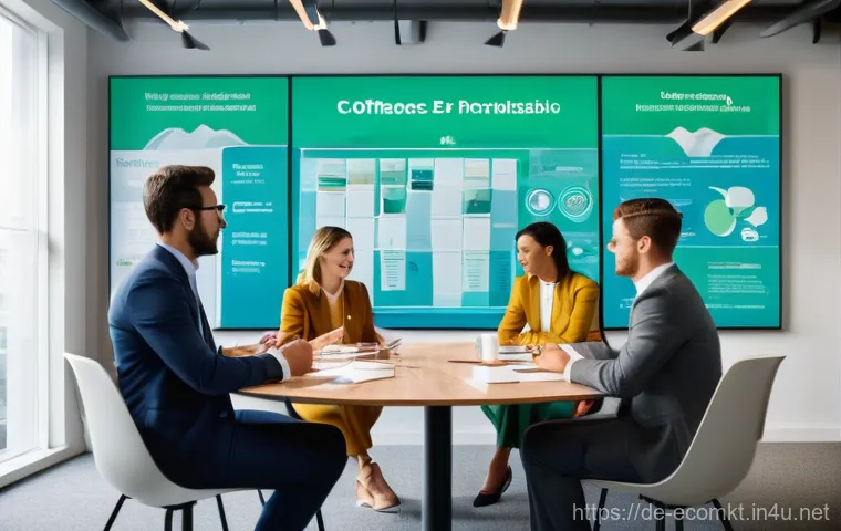 친환경 마케팅 직무 기술 향상 - **Prompt:** A diverse team of marketing professionals, all fully clothed in smart business casual at...