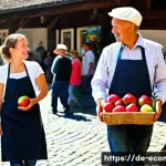 Home 20 친환경 마케팅 실무 트렌드 - **Prompt:** A heartwarming scene at a traditional German farmers' market ("Bauernmarkt") on a sunny ...