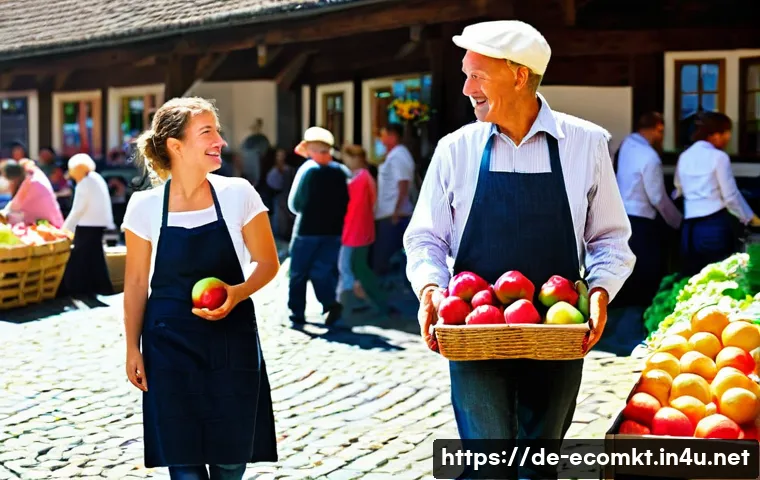 친환경 마케팅 실무 트렌드 - **Prompt:** A heartwarming scene at a traditional German farmers' market ("Bauernmarkt") on a sunny ...