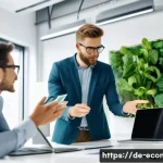 친환경 마케터의 자격 요건 - A professional green marketing team collaborating in a modern office setting in Germany, diverse exp...
