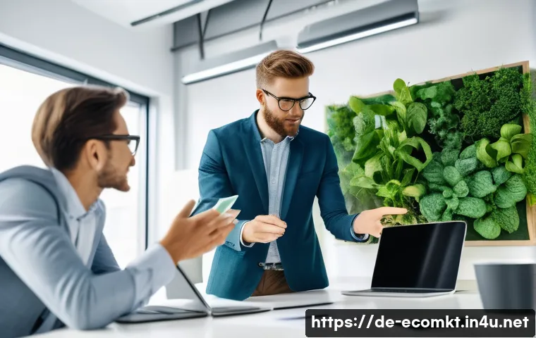 친환경 마케터의 자격 요건 - A professional green marketing team collaborating in a modern office setting in Germany, diverse exp...