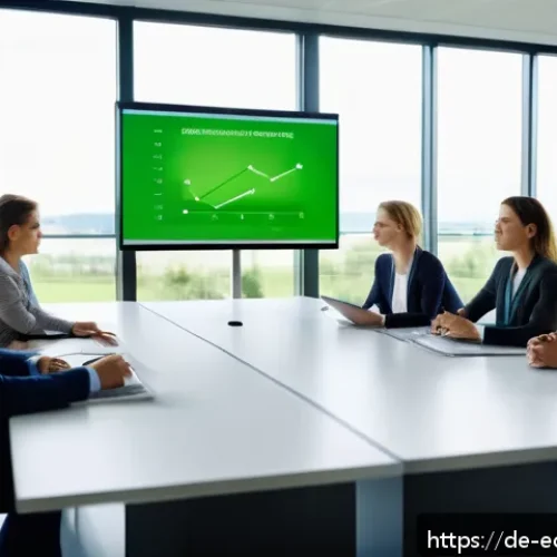 친환경 마케터의 연봉 분석 - A modern office scene in a large German corporation focused on green marketing, showing a diverse gr...