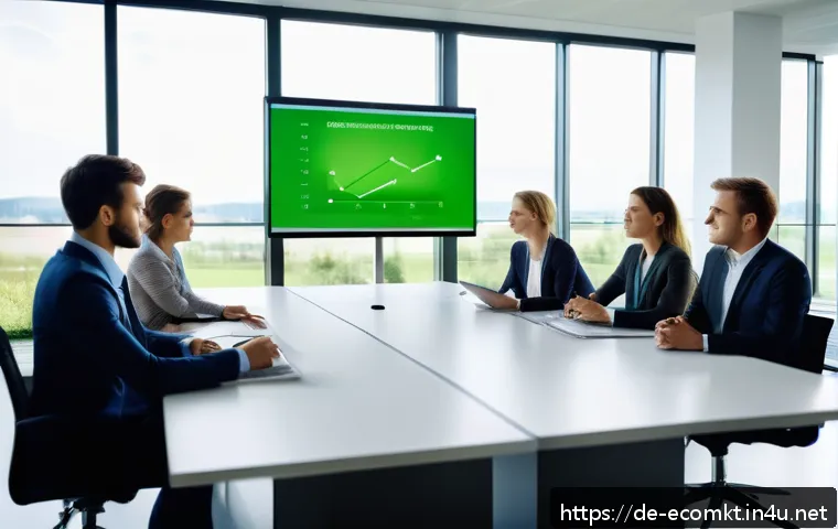 친환경 마케터의 연봉 분석 - A modern office scene in a large German corporation focused on green marketing, showing a diverse gr...