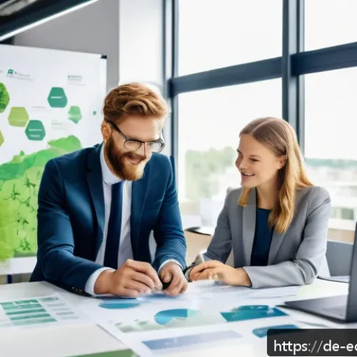 친환경 마케팅 교육과정 추천 - A modern German office scene showing a diverse marketing team collaborating on sustainable marketing...