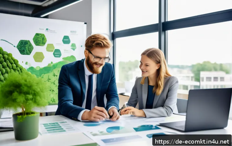 친환경 마케팅 교육과정 추천 - A modern German office scene showing a diverse marketing team collaborating on sustainable marketing...