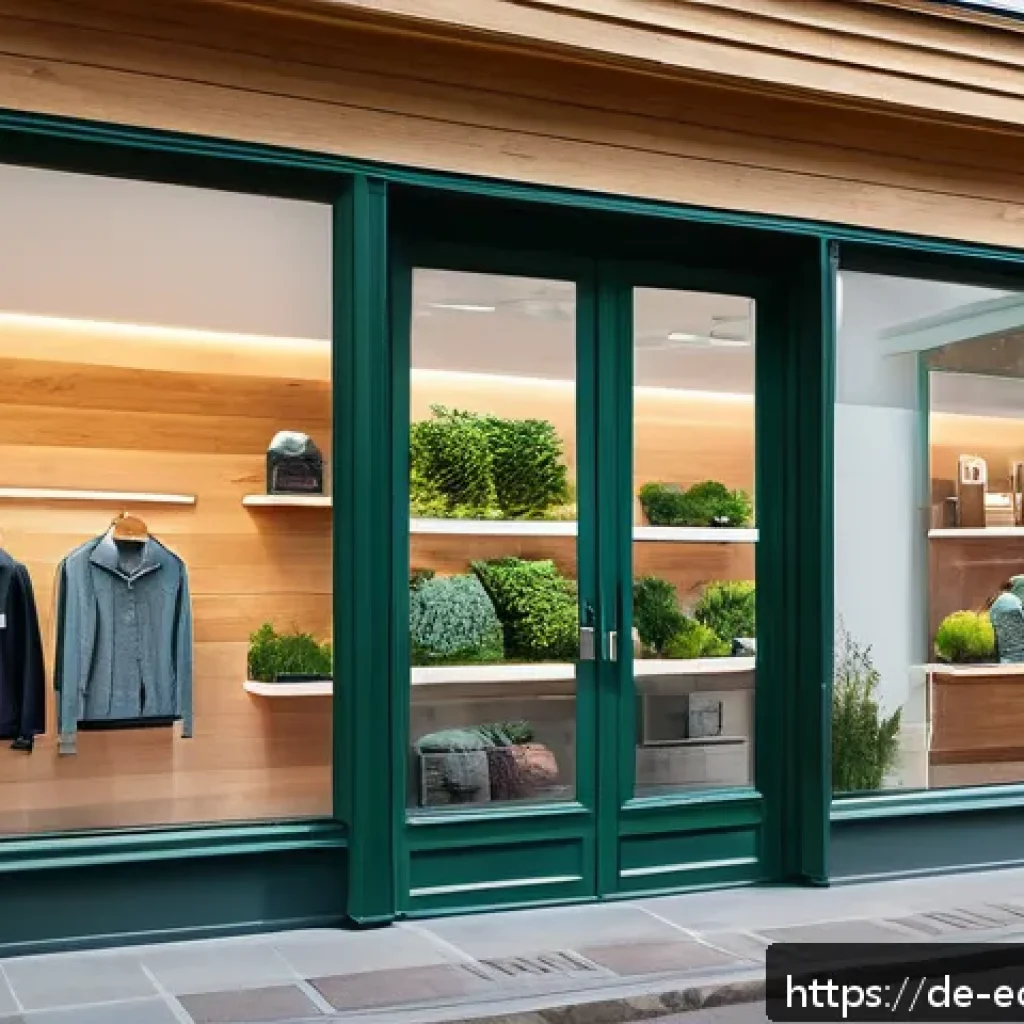 친환경 마케팅 업무 사례 - A detailed scene of a modern German outdoor apparel store showcasing Vaude products, emphasizing tra...