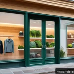 친환경 마케팅 업무 사례 - A detailed scene of a modern German outdoor apparel store showcasing Vaude products, emphasizing tra...