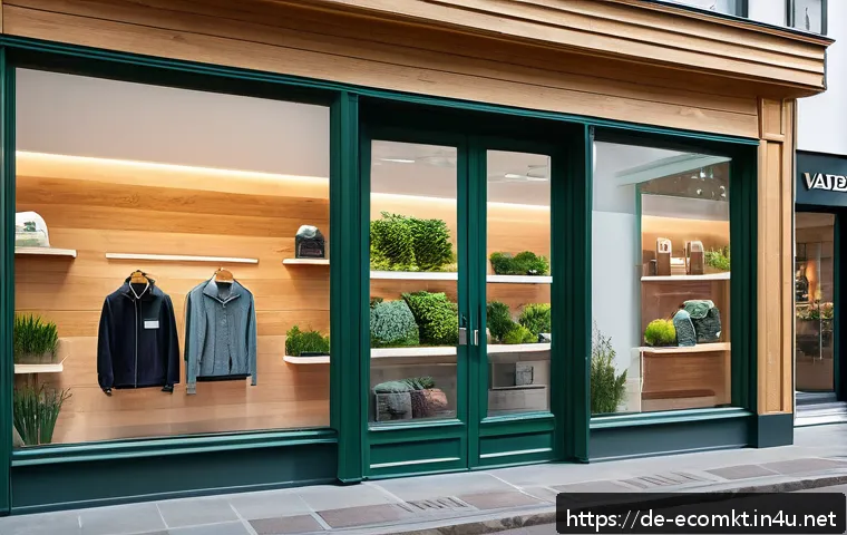 친환경 마케팅 업무 사례 - A detailed scene of a modern German outdoor apparel store showcasing Vaude products, emphasizing tra...
